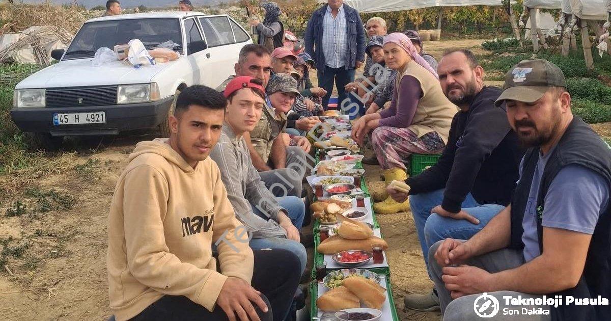 "Sarıgöllü Tüccardan Emeğe Vefa Dersi: Bağdaki İşçilere Ziyafet" başlıklı haber için fotorealistik,