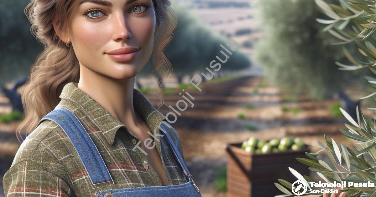 "Genç kadın çiftçi zeytin bahçelerinde yeni bir hayat kurdu" başlıklı haber için fotorealistik, prof